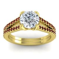 Diamond Ring In 14k Yellow Gold With Garnet Mustika-7 Round Classic Ring