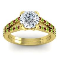 Diamond Ring In 14k Yellow Gold With Garnet And Peridot Mustika-7 Round Classic Ring