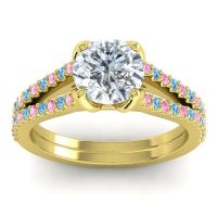 Diamond Ring In 14k Yellow Gold With Pink Tourmaline And Swiss Blue Topaz Mustika-7 Round Classic Ring