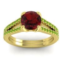 Garnet Ring In 14k Yellow Gold With Peridot Mustika-7 Round Classic Ring