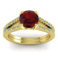 Garnet Ring In 14k Yellow Gold With Swiss Blue Topaz And Citrine Mustika-7 Round Classic Ring