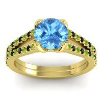Swiss Blue Topaz Ring In 14k Yellow Gold With Peridot And Black Onyx Mustika-7 Round Classic Ring