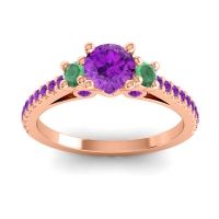 Amethyst Ring In 18K Rose Gold With Emerald Navan Round Three-stone Ring