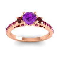 Amethyst Ring In 18K Rose Gold With Garnet And Ruby Navan Round Three-stone Ring