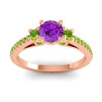 Amethyst Ring In 14K Rose Gold With Peridot Navan Round Three-stone Ring