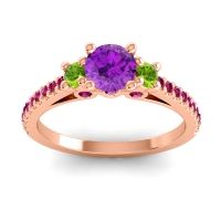 Amethyst Ring In 14K Rose Gold With Peridot And Ruby Navan Round Three-stone Ring