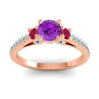 Amethyst Ring In 14K Rose Gold With Ruby And Aquamarine Navan Round Three-stone Ring