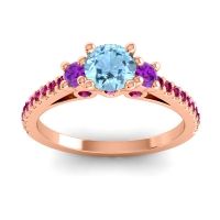 Aquamarine Ring In 18K Rose Gold With Amethyst And Ruby Navan Round Three-stone Ring