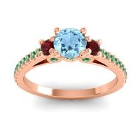 Aquamarine Ring In 18K Rose Gold With Garnet And Emerald Navan Round Three-stone Ring