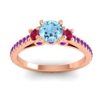Aquamarine Ring In 14K Rose Gold With Ruby And Amethyst Navan Round Three-stone Ring