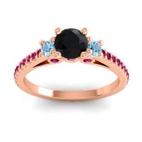 Black Onyx Ring In 14K Rose Gold With Aquamarine And Ruby Navan Round Three-stone Ring