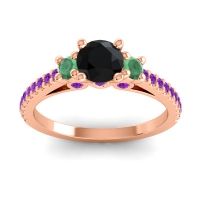 Black Onyx Ring In 18K Rose Gold With Emerald And Amethyst Navan Round Three-stone Ring