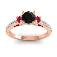 Black Onyx Ring In 14K Rose Gold With Ruby And Aquamarine Navan Round Three-stone Ring