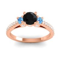 Black Onyx Ring In 18K Rose Gold With Swiss Blue Topaz And Lab Diamond Navan Round Three-stone Ring