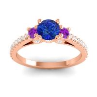 Blue Sapphire Engagement Ring In 14K Rose Gold With Amethyst And Diamond - Navan Round Three-stone Ring