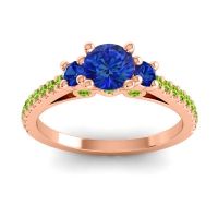 Blue Sapphire Ring In 14K Rose Gold With Peridot Navan Round Three-stone Ring