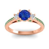 Blue Sapphire Ring In 18K Rose Gold With Lab Diamond And Emerald Navan Round Three-stone Ring