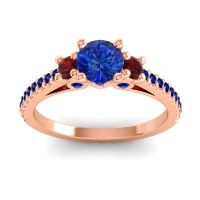 Blue Sapphire Ring In 18K Rose Gold With Garnet Navan Round Three-stone Ring