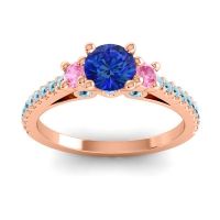 Blue Sapphire Ring In 14K Rose Gold With Pink Tourmaline And Aquamarine Navan Round Three-stone Ring