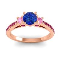 Blue Sapphire Ring In 18K Rose Gold With Pink Tourmaline And Ruby Navan Round Three-stone Ring