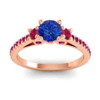 Blue Sapphire Ring In 14K Rose Gold With Ruby Navan Round Three-stone Ring