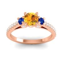 Citrine Engagement Ring In 14K Rose Gold With Blue Sapphire And Diamond - Navan Round Three-stone Ring