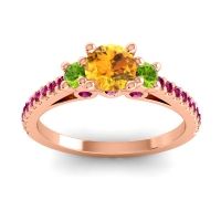 Citrine Ring In 14K Rose Gold With Peridot And Ruby Navan Round Three-stone Ring