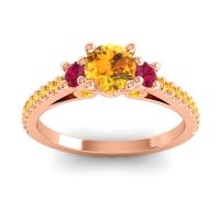 Citrine Ring In 18K Rose Gold With Ruby Navan Round Three-stone Ring