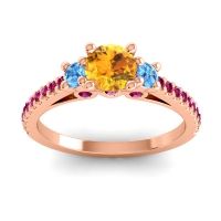 Citrine Ring In 14K Rose Gold With Swiss Blue Topaz And Ruby Navan Round Three-stone Ring