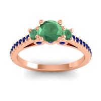 Emerald Ring In 14K Rose Gold With Blue Sapphire Navan Round Three-stone Ring