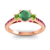Emerald Ring In 14K Rose Gold With Peridot And Ruby Navan Round Three-stone Ring