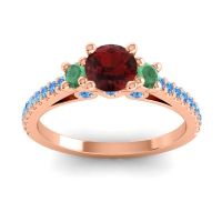 Garnet Ring In 18K Rose Gold With Emerald And Swiss Blue Topaz Navan Round Three-stone Ring
