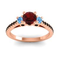 Garnet Ring In 18K Rose Gold With Swiss Blue Topaz And Black Onyx Navan Round Three-stone Ring