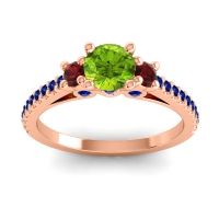 Peridot Ring In 14K Rose Gold With Garnet And Blue Sapphire Navan Round Three-stone Ring