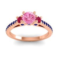Pink Tourmaline Ring In 14K Rose Gold With Ruby And Blue Sapphire Navan Round Three-stone Ring