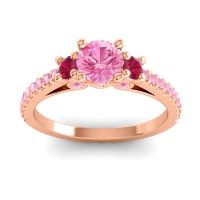 Pink Tourmaline Ring In 14K Rose Gold With Ruby Navan Round Three-stone Ring