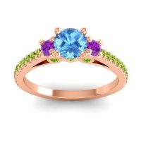 Swiss Blue Topaz Ring In 18K Rose Gold With Amethyst And Peridot Navan Round Three-stone Ring