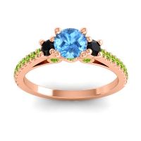 Swiss Blue Topaz Ring In 18K Rose Gold With Black Onyx And Peridot Navan Round Three-stone Ring