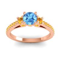 Swiss Blue Topaz Ring In 18K Rose Gold With Citrine Navan Round Three-stone Ring