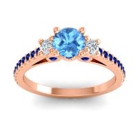 Swiss Blue Topaz Ring In 18K Rose Gold With Lab Diamond And Blue Sapphire Navan Round Three-stone Ring