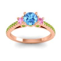 Swiss Blue Topaz Ring In 18K Rose Gold With Pink Tourmaline And Peridot Navan Round Three-stone Ring