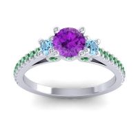 Amethyst Ring In 18k White Gold With Aquamarine And Emerald Navan Round Three-stone Ring
