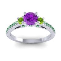Amethyst Ring In Palladium With Peridot And Emerald Navan Round Three-stone Ring