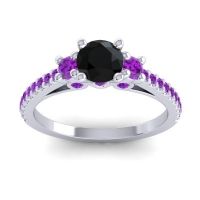 Black Onyx Ring In Palladium With Amethyst Navan Round Three-stone Ring