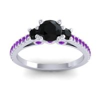 Black Onyx Ring In Palladium With Amethyst Navan Round Three-stone Ring