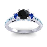 Black Onyx Ring In Palladium With Blue Sapphire And Aquamarine Navan Round Three-stone Ring