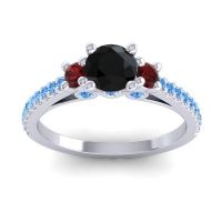 Black Onyx Ring In Palladium With Garnet And Swiss Blue Topaz Navan Round Three-stone Ring