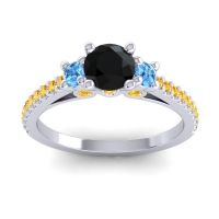 Black Onyx Ring In Palladium With Swiss Blue Topaz And Citrine Navan Round Three-stone Ring