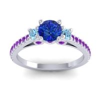 Blue Sapphire Ring In Palladium With Aquamarine And Amethyst Navan Round Three-stone Ring