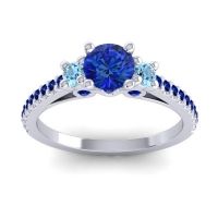Blue Sapphire Ring In Palladium With Aquamarine Navan Round Three-stone Ring